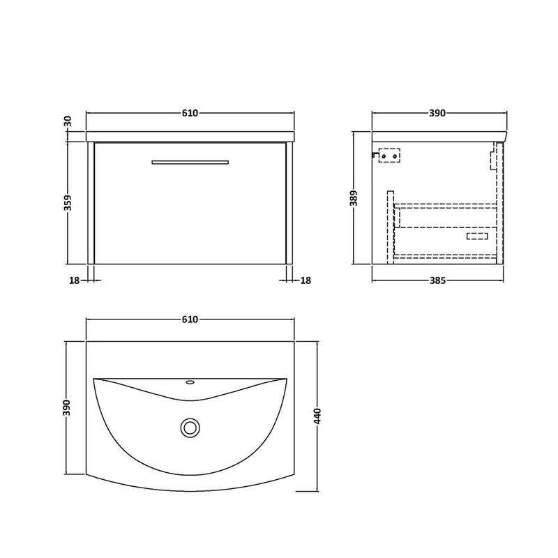 Hudson Reed Juno 600mm Wall Hung Single Drawer Vanity & Basin 4 Contemp Coastal Grey MFC Smooth Matt 389x610x440mm