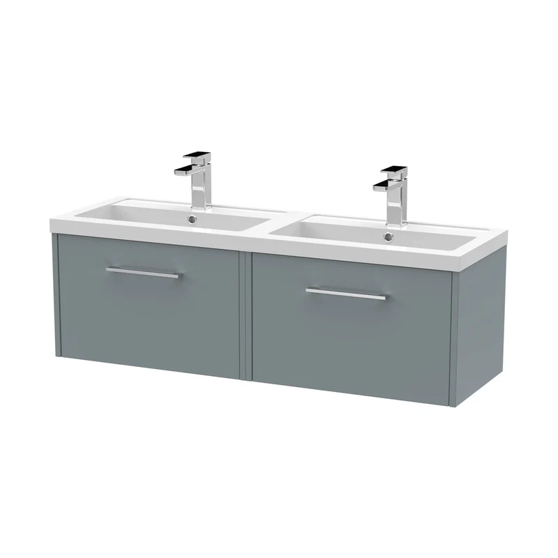 Hudson Reed Juno 1200mm Wall Hung 2 Drawer Vanity & Double Basin Contemp Coastal Grey MFC Smooth Matt 359x1205x390mm - JNU2322C
