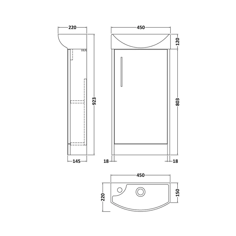 Hudson Reed Juno Compact 440mm Floor Standing 1 Door Unit & 1th Basin Rh Contemp Coastal Grey MFC Smooth Matt 923x450x220mm