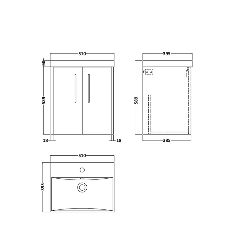 Hudson Reed Juno 500mm Wall Hung 2 Door Vanity & Basin 3 Contemp Coastal Grey MFC Smooth Matt 589x500x395mm