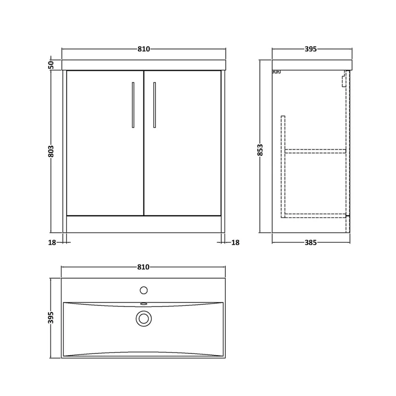 Hudson Reed Juno 800mm Floor Standing 2 Door Vanity & Basin 3 Contemp Coastal Grey MFC Smooth Matt 853x800x395mm