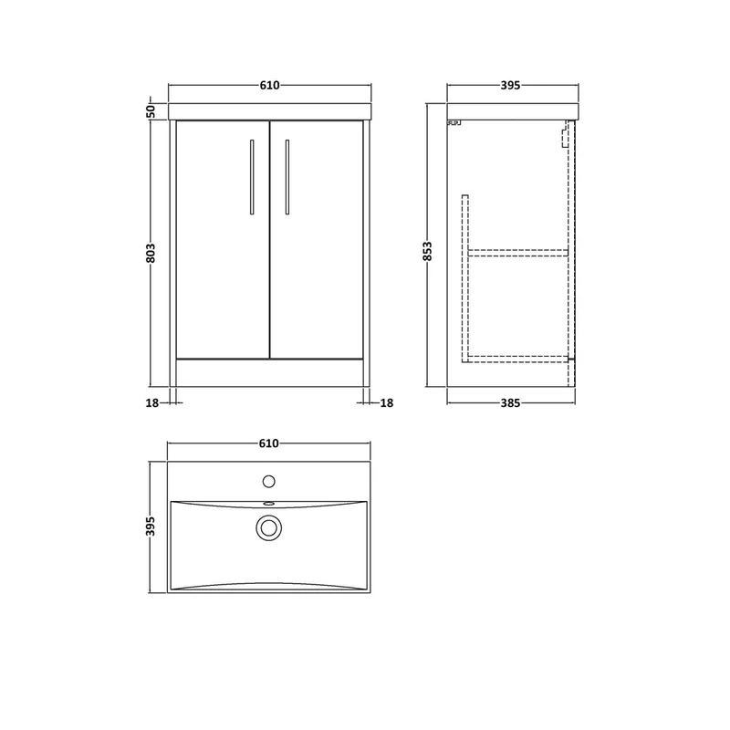 Hudson Reed Juno 600mm Floor Standing 2 Door Vanity & Basin 3 Contemp Coastal Grey MFC Smooth Matt 853x600x395mm