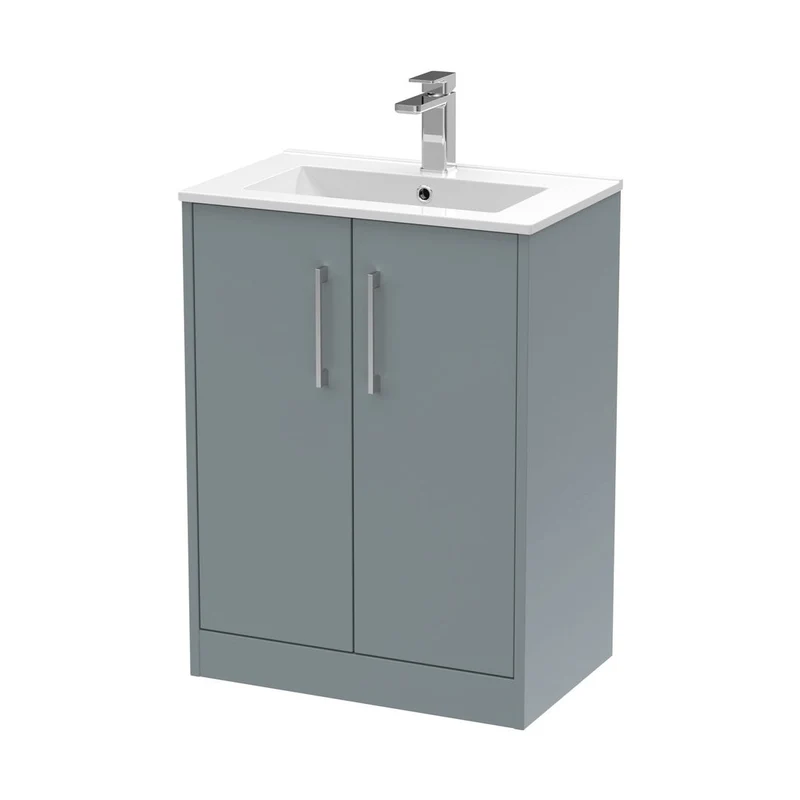 Hudson Reed Juno 600mm Floor Standing 2 Door Vanity & Basin 2 Contemp Coastal Grey MFC Smooth Matt 818x600x390mm