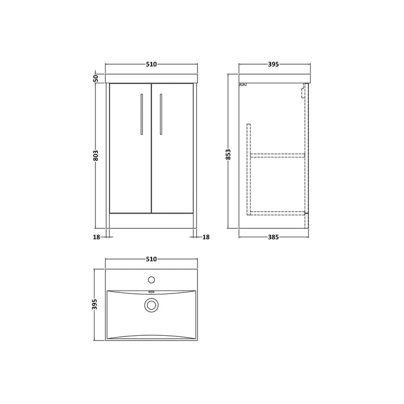 Hudson Reed Juno 500mm Floor Standing 2 Door Vanity & Basin 3 Contemp Coastal Grey MFC Smooth Matt 853x500x395mm