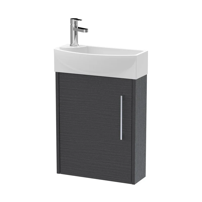 Hudson Reed Juno Compact 440mm Wall Hung 1 Door Unit & 1th Basin Rh Contemp Graphite Grey Woodgrain MFC Textured Woodgrain 479x450x220mm