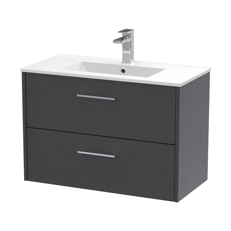 Hudson Reed Juno 800mm Wall Hung 2 Drawer Vanity & Basin 2 Contemp Graphite Grey Woodgrain MFC Textured Woodgrain 554x800x390mm