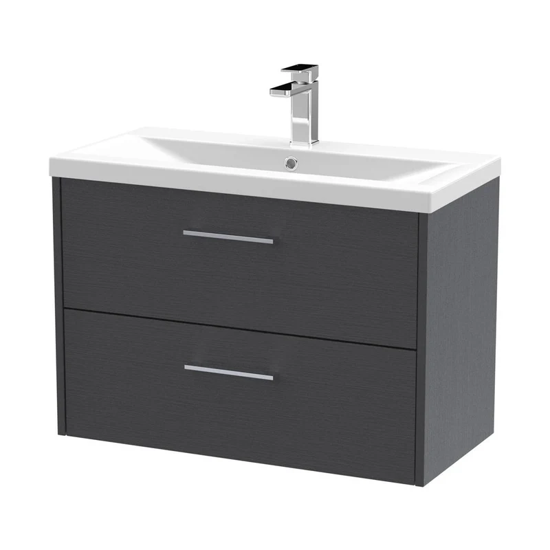 Hudson Reed Juno 800mm Wall Hung 2 Drawer Vanity & Basin 1 Contemp Graphite Grey Woodgrain MFC Textured Woodgrain 579x800x390mm