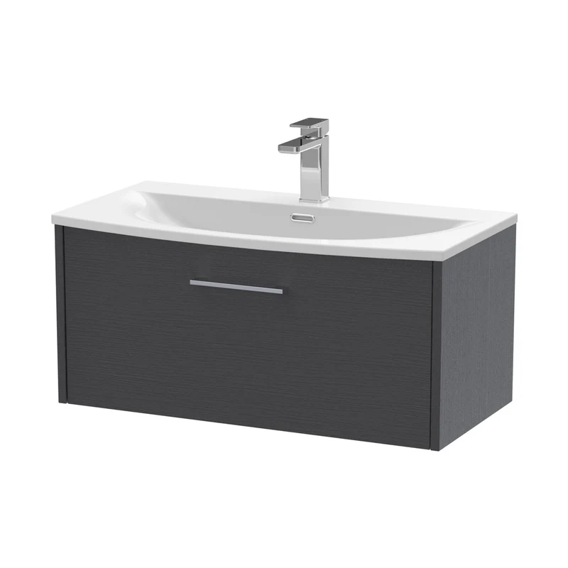 Hudson Reed Juno 800mm Wall Hung Single Drawer Vanity & Basin 4 Contemp Graphite Grey Woodgrain MFC Textured Woodgrain 389x810x440mm