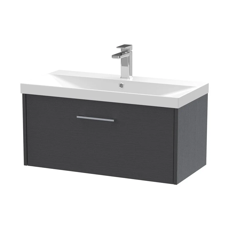 Hudson Reed Juno 800mm Wall Hung Single Drawer Vanity & Basin 3 Contemp Graphite Grey Woodgrain MFC Textured Woodgrain 409x800x395mm