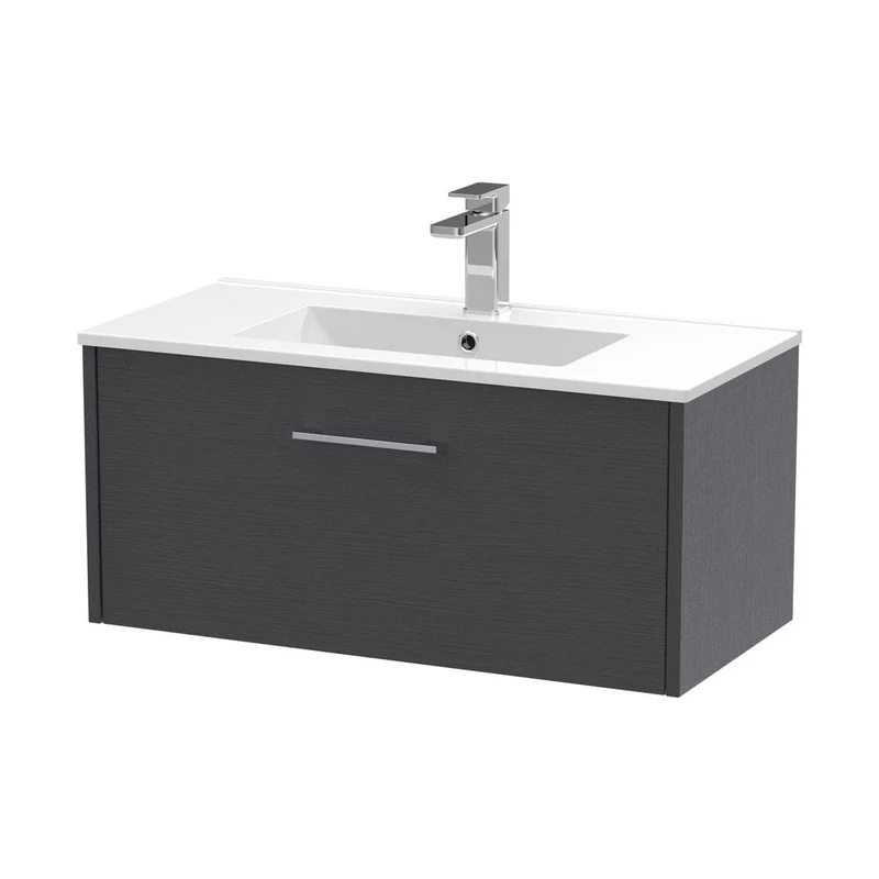 Hudson Reed Juno 800mm Wall Hung Single Drawer Vanity & Basin 2 Contemp Graphite Grey Woodgrain MFC Textured Woodgrain 374x800x390mm
