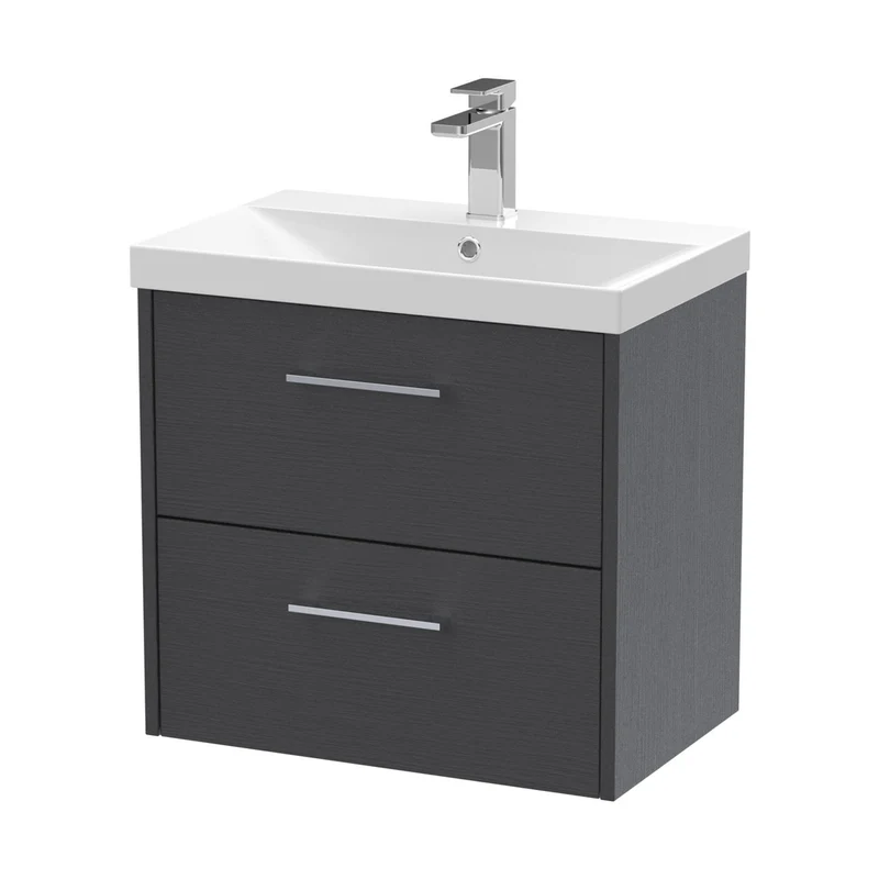 Hudson Reed Juno 600mm Wall Hung 2 Drawer Vanity & Basin 3 Contemp Graphite Grey Woodgrain MFC Textured Woodgrain 589x600x395mm
