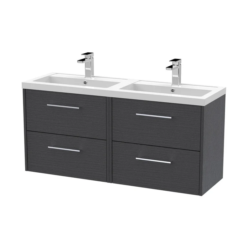 Hudson Reed Juno 1200mm Wall Hung 4 Drawer Vanity & Double Basin Contemp Graphite Grey Woodgrain MFC Textured Woodgrain 539x1205x390mm - JNU2224C