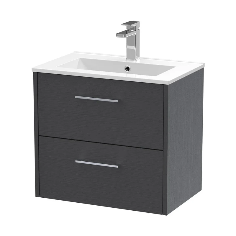 Hudson Reed Juno 600mm Wall Hung 2 Drawer Vanity & Basin 2 Contemp Graphite Grey Woodgrain MFC Textured Woodgrain 554x600x390mm