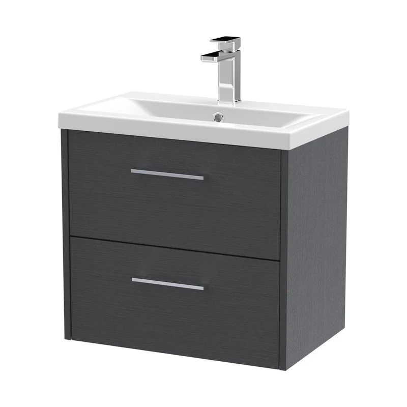 Hudson Reed Juno 600mm Wall Hung 2 Drawer Vanity & Basin 1 Contemp Graphite Grey Woodgrain MFC Textured Woodgrain 579x600x390mm