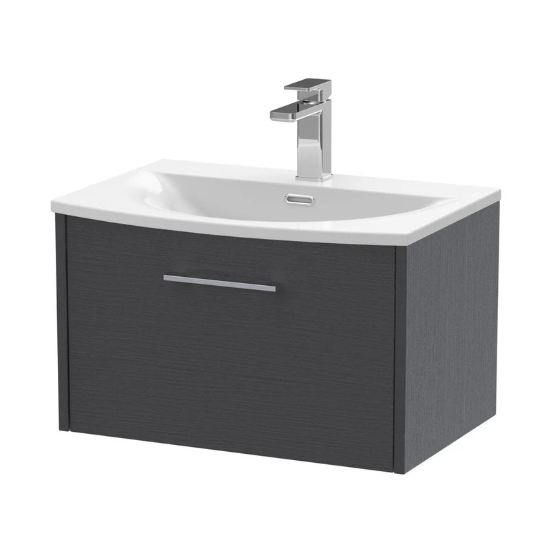 Hudson Reed Juno 600mm Wall Hung Single Drawer Vanity & Basin 4 Contemp Graphite Grey Woodgrain MFC Textured Woodgrain 389x610x440mm