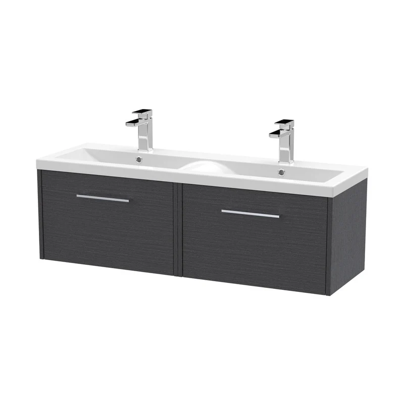 Hudson Reed Juno 1200mm Wall Hung 2 Drawer Vanity & Double Basin Contemp Graphite Grey Woodgrain MFC Textured Woodgrain 359x1205x390mm - JNU2222F