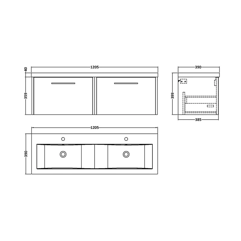 Hudson Reed Juno 1200mm Wall Hung 2 Drawer Vanity & Double Basin Contemp Graphite Grey Woodgrain MFC Textured Woodgrain 359x1205x390mm - JNU2222F
