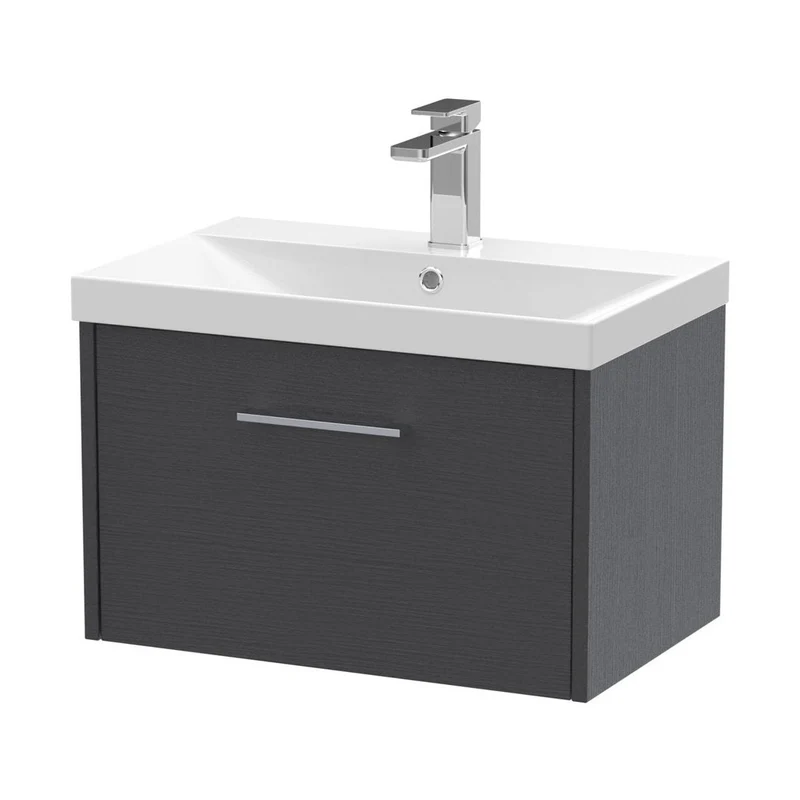 Hudson Reed Juno 600mm Wall Hung Single Drawer Vanity & Basin 3 Contemp Graphite Grey Woodgrain MFC Textured Woodgrain 409x600x395mm