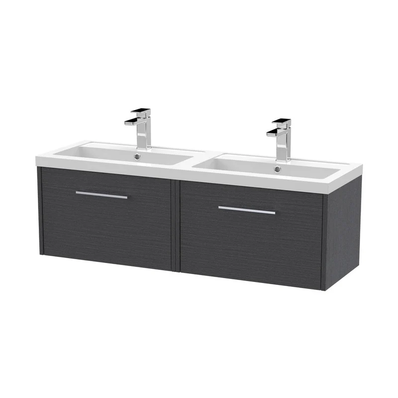 Hudson Reed Juno 1200mm Wall Hung 2 Drawer Vanity & Double Basin Contemp Graphite Grey Woodgrain MFC Textured Woodgrain 359x1205x390mm - JNU2222C