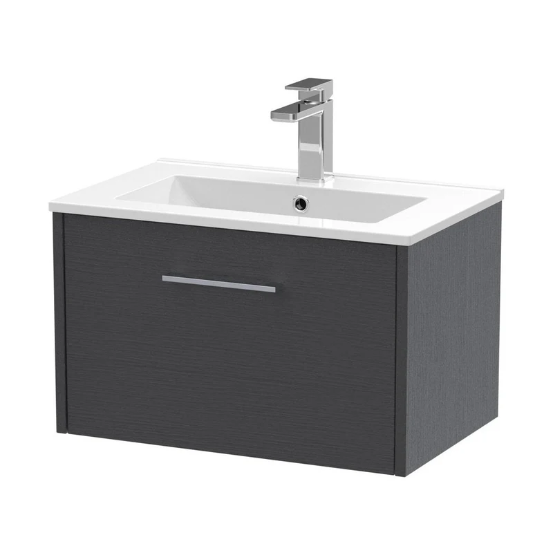 Hudson Reed Juno 600mm Wall Hung Single Drawer Vanity & Basin 2 Contemp Graphite Grey Woodgrain MFC Textured Woodgrain 374x600x390mm