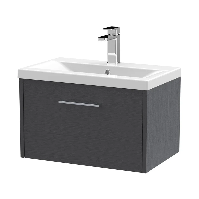 Hudson Reed Juno 600mm Wall Hung Single Drawer Vanity & Basin 1 Contemp Graphite Grey Woodgrain MFC Textured Woodgrain 399x600x390mm