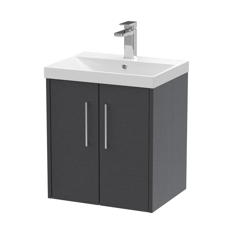 Hudson Reed Juno 500mm Wall Hung 2 Door Vanity & Basin 3 Contemp Graphite Grey Woodgrain MFC Textured Woodgrain 589x500x395mm