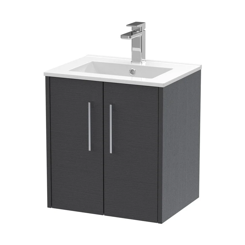 Hudson Reed Juno 500mm Wall Hung 2 Door Vanity & Basin 2 Contemp Graphite Grey Woodgrain MFC Textured Woodgrain 554x500x390mm