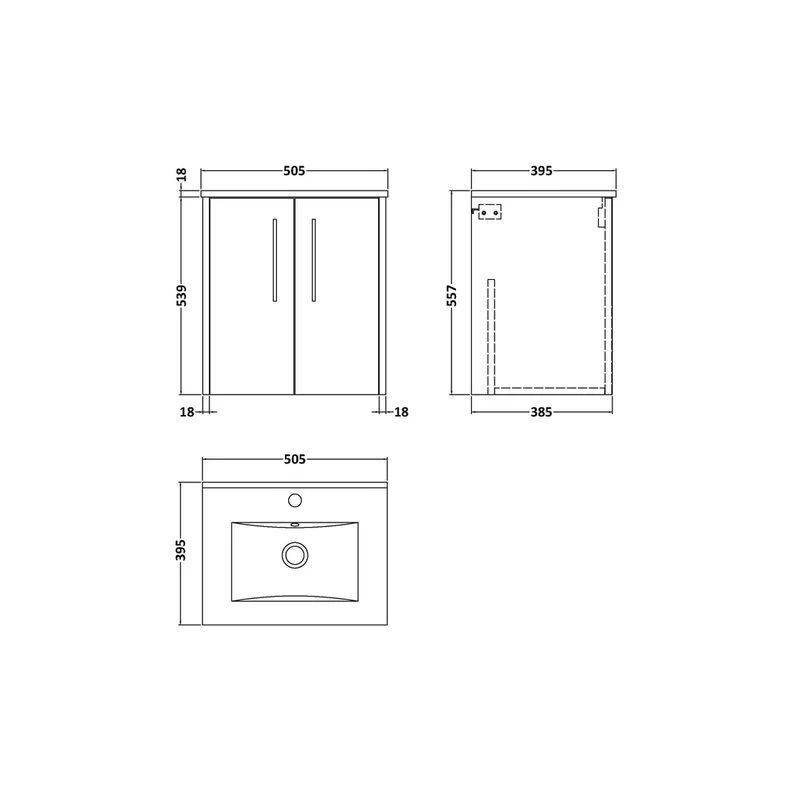 Hudson Reed Juno 500mm Wall Hung 2 Door Vanity & Basin 2 Contemp Graphite Grey Woodgrain MFC Textured Woodgrain 554x500x390mm