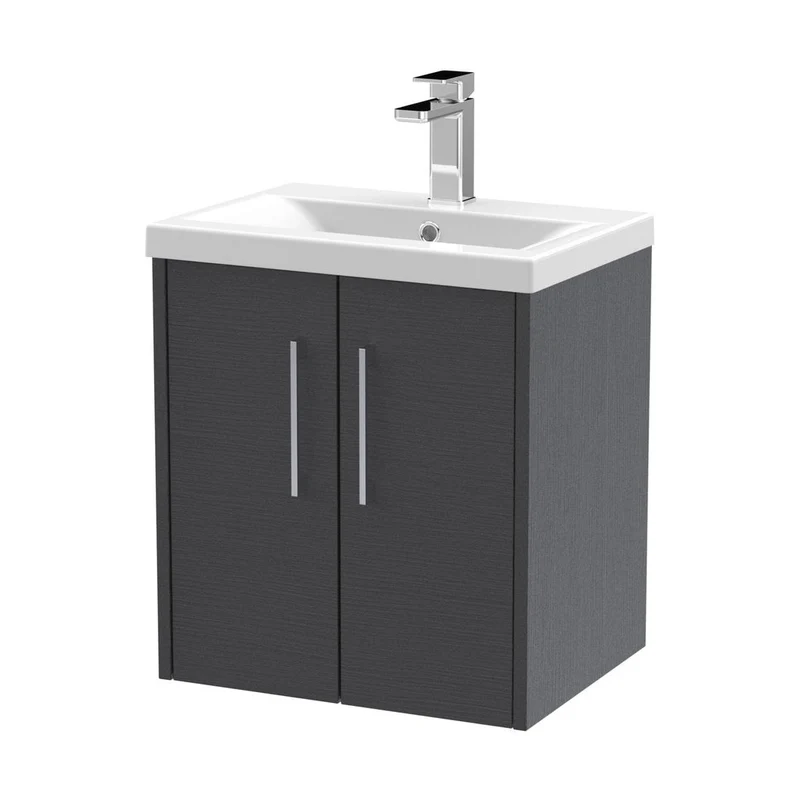 Hudson Reed Juno 500mm Wall Hung 2 Door Vanity & Basin 1 Contemp Graphite Grey Woodgrain MFC Textured Woodgrain 579x500x390mm