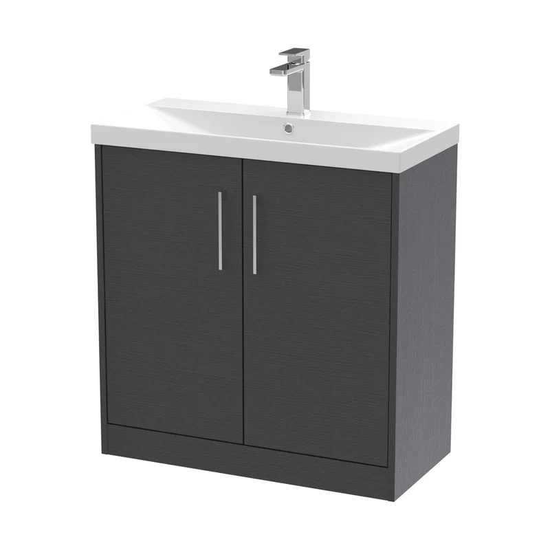 Hudson Reed Juno 800mm Floor Standing 2 Door Vanity & Basin 3 Contemp Graphite Grey Woodgrain MFC Textured Woodgrain 853x800x395mm