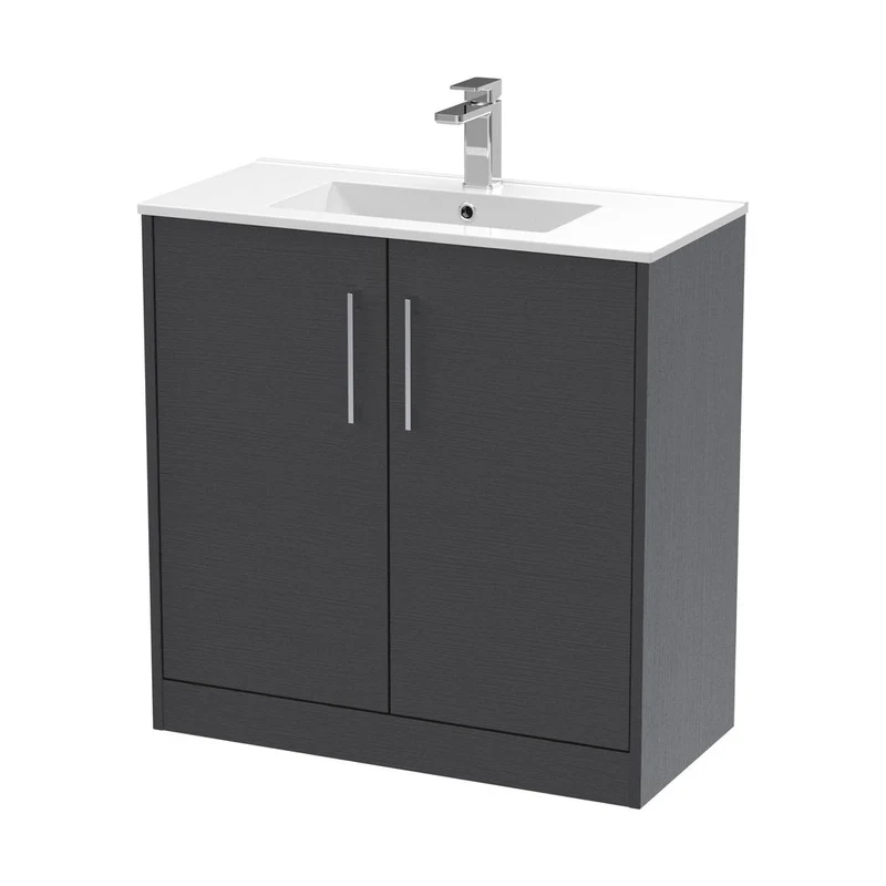 Hudson Reed Juno 800mm Floor Standing 2 Door Vanity & Basin 2 Contemp Graphite Grey Woodgrain MFC Textured Woodgrain 818x800x390mm