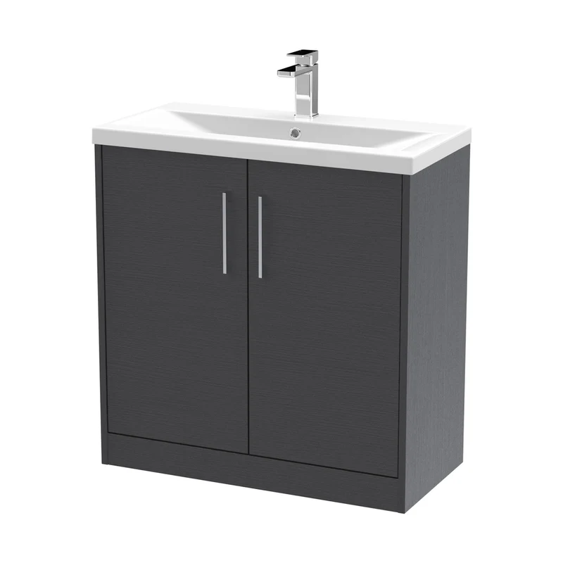 Hudson Reed Juno 800mm Floor Standing 2 Door Vanity & Basin 1 Contemp Graphite Grey Woodgrain MFC Textured Woodgrain 843x800x390mm