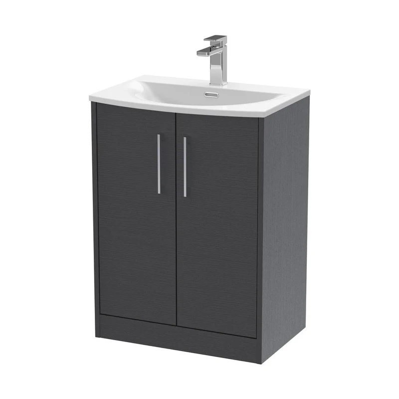 Hudson Reed Juno 600mm Floor Standing 2 Door Vanity & Basin 4 Contemp Graphite Grey Woodgrain MFC Textured Woodgrain 833x610x440mm