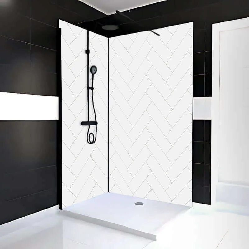 Mur de douche en PVC effet céramique à motif chevron blanc 48 po x 96 po