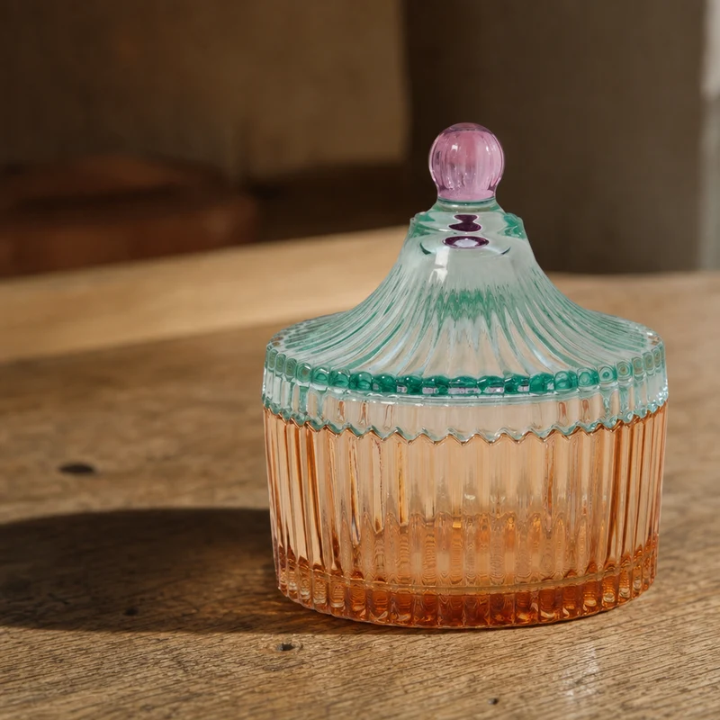 Bonbonniere i glas med striber, orange/mint – EJA