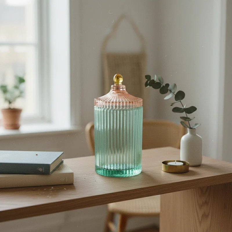 Bonbonniere i glas med striber, mint/rosa – EJA