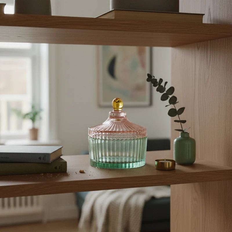 Bonbonniere i glas med striber, lys mint/rosa – EJA