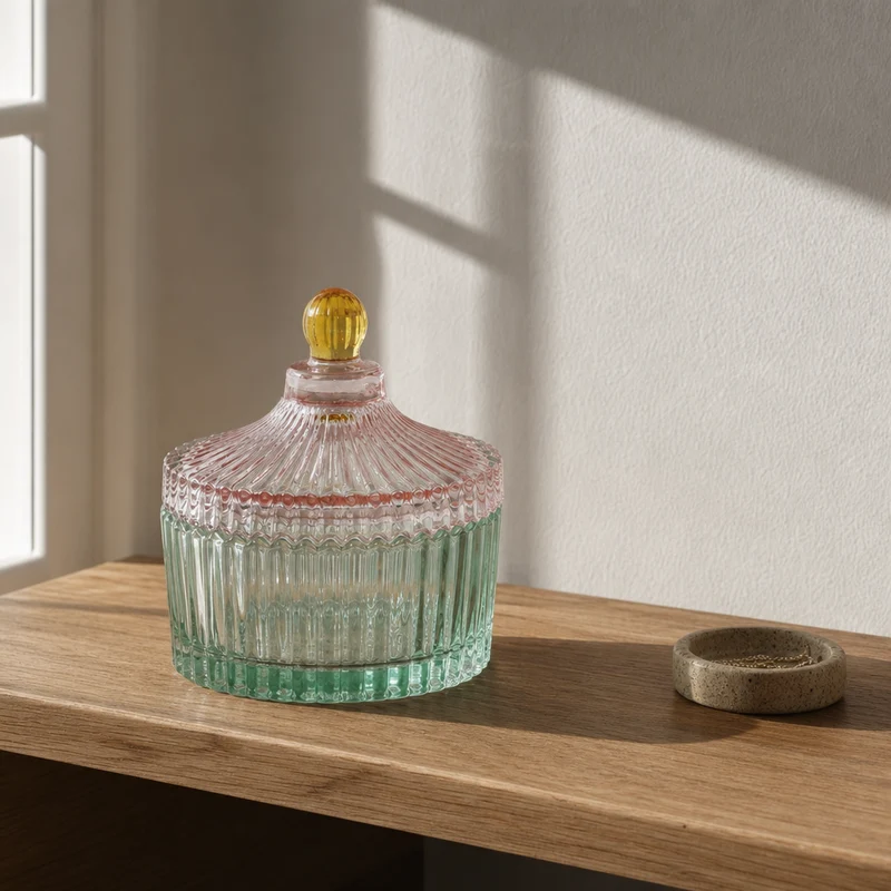Bonbonniere i glas med striber, lys mint/rosa – EJA