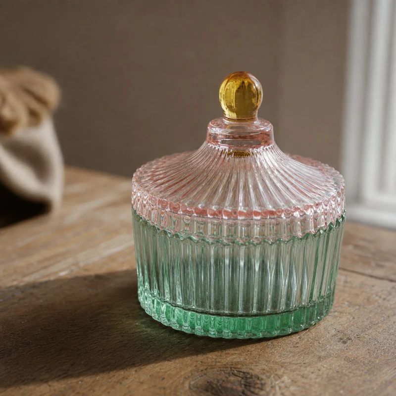 Bonbonniere i glas med striber, lys mint/rosa – EJA