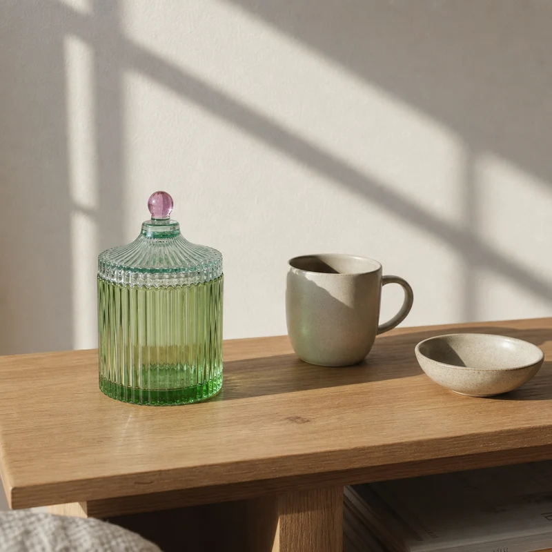 Bonbonniere i glas med striber, grøn/lys mint – EJA