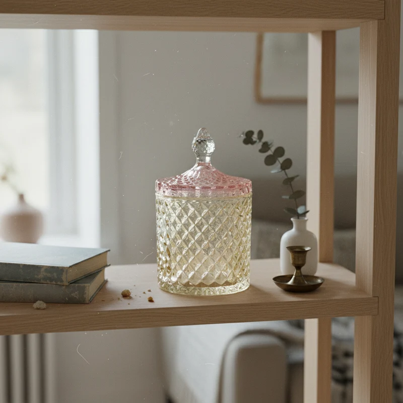 Opbevaringskrukke i glas med mønster, lys gul/pink/blå – EJA