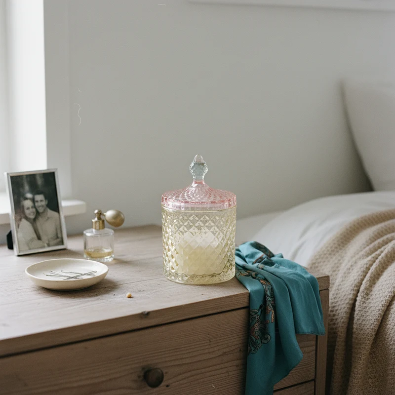 Opbevaringskrukke i glas med mønster, lys gul/pink/blå – EJA