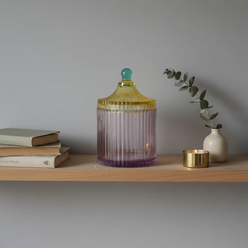 Stribet opbevaringskrukke i glas, violet og gul – EJA