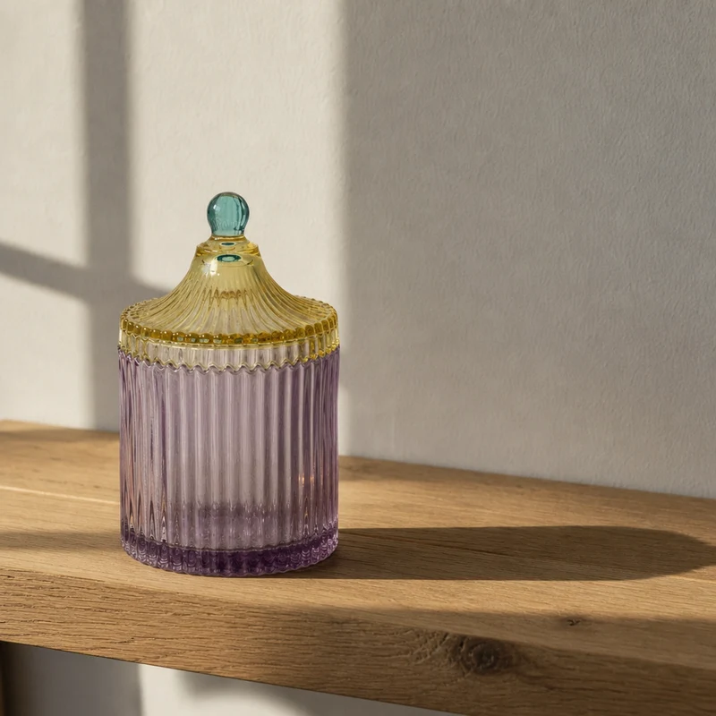 Stribet opbevaringskrukke i glas, violet og gul – EJA
