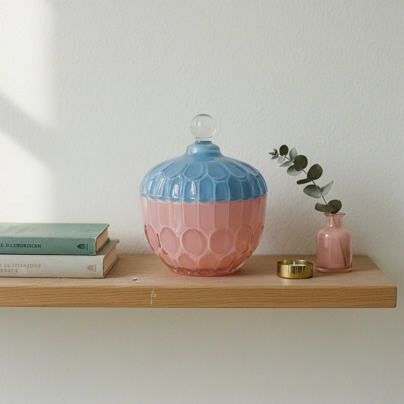 Opbevaringskrukke i glas, pink og blå – EJA