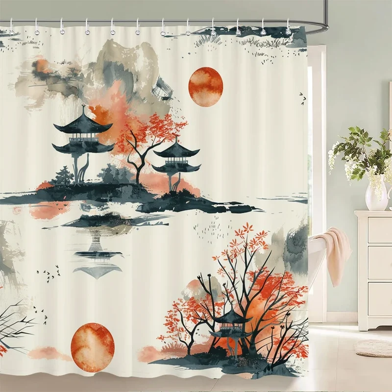 Rideau de douche paysage japonais au soleil levant