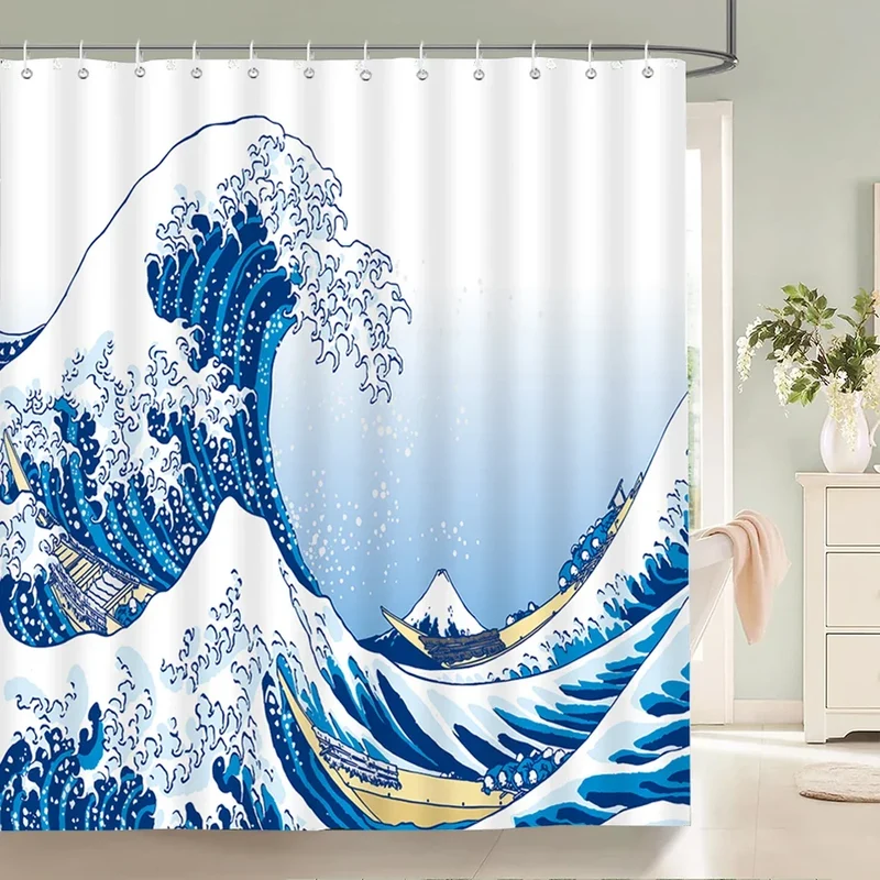Rideau de douche vague japonaise bleue