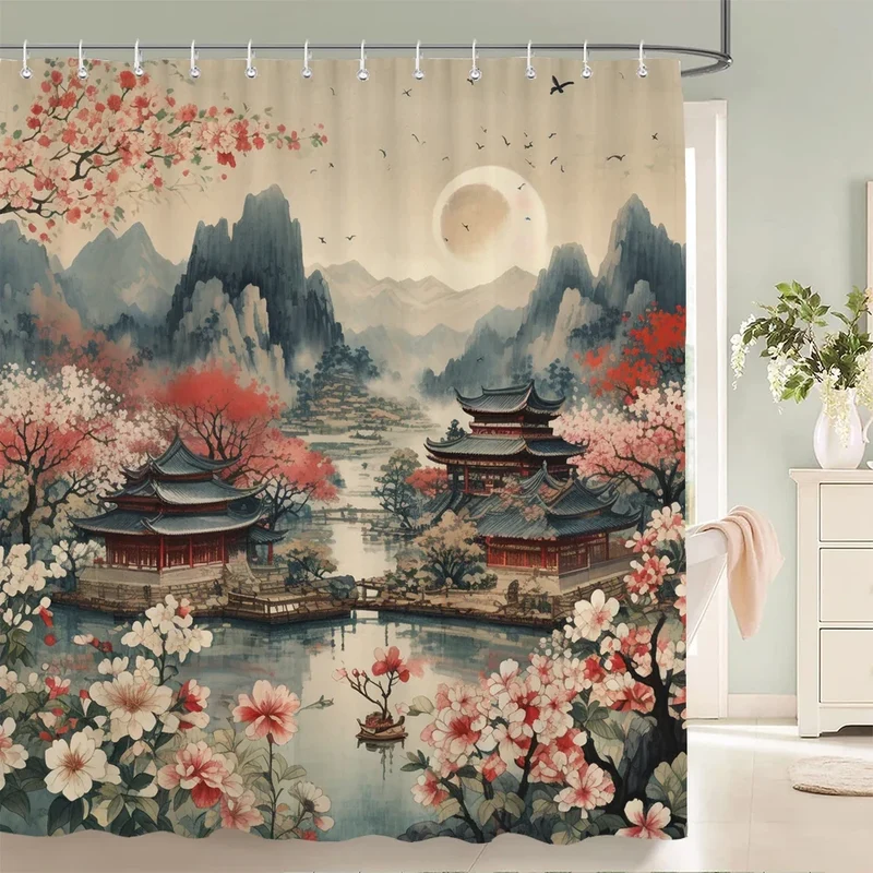 Rideau de douche pagode japonaise fleurie