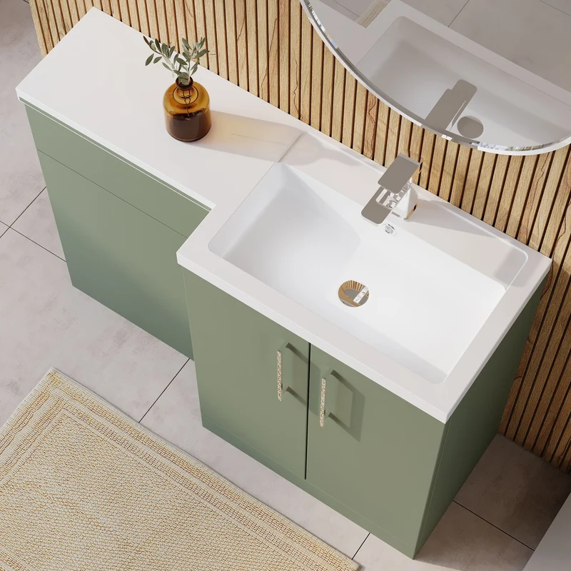 Lana 1100mm Basin & WC Combination Unit With White Polymarble Basin Right Hand - Green Satin