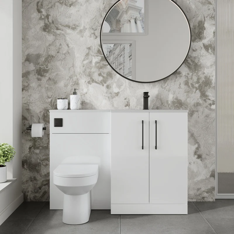 Lana 1100mm Basin & WC Combination Unit With White Stone Basin Right Hand - White Gloss